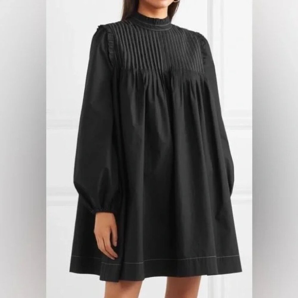Ganni Women's Black Pintucked Cotton-Poplin Contrast Stitch Dress Size 40 Large